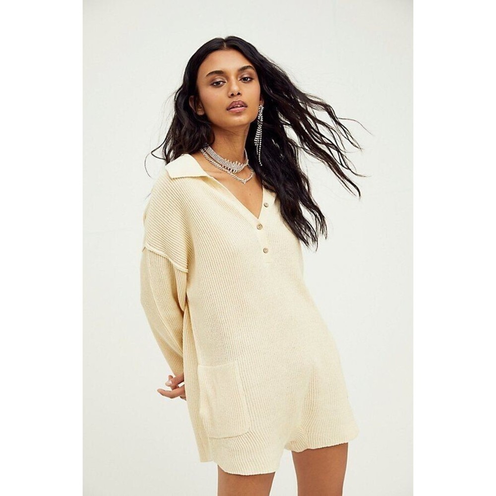 Free People FP Beach Picnic Sweater Romper Linen Cotton Ivory White XS